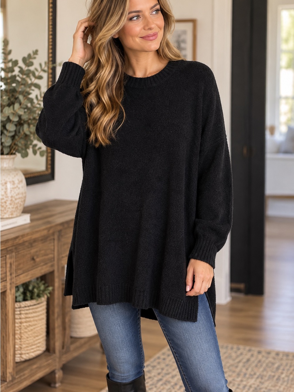Zenana XL Black Oversized Tunic Sweater Soft Cozy Crew Neck Long Sleeve